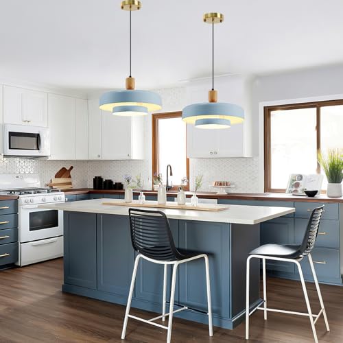 Image of Light Blue Pendant Light, Mid-Century Modern Wood Hanging Lamp | Adjustable 59 inch Cord, Fits Flat / Sloped Ceilings, E26 Socket, Ideal For Kitchens, Dining Rooms, Bedrooms, Living Rooms