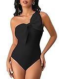 WDIRARA Women's Bow Front One Shoulder Bodysuit Asymmetrical Sleeveless Top Black Medium