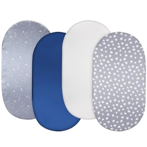 Breling 4 Pack Satin Bassinet Sheet Set for Baby Soft Silk Feeling Cradle Sheets for Oval Rectangle Hourglass Bassinet Mattress Pad Protect for Baby Hair Skin (Stars&Clouds&Moon Gray/White/Blue)