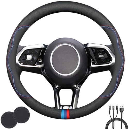 Universal Steering Wheel Cover Stylish Non-Slip Premium Leather Steering Wheel Cover for Steering Wheel with a Diameter of 14.5-15 with 2 Coasters and 3-in-1 USB Charging Cable (Style B)