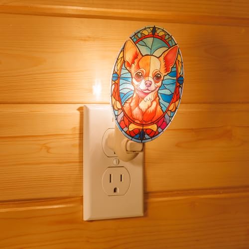 Image of Dog Night Light Chihuahua, Stained Glass Styled Plug-in Wall Nightlight, Bulb Included, Pet Memorial Dog Lover Gift, Bedroom Hallway Bathroom Decor, Manual On /Off Switch