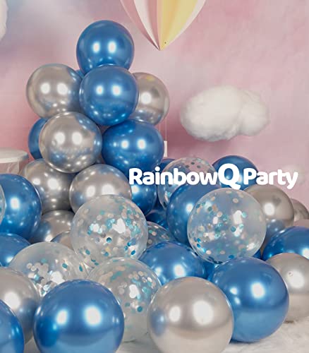 Image of Metallic Shiny Blue and Silver Balloons 12 Inch 67PCS Silver Blue Confetti Balloons Latex Helium Balloon Set for Graduation Wedding Birthday Party Decorations