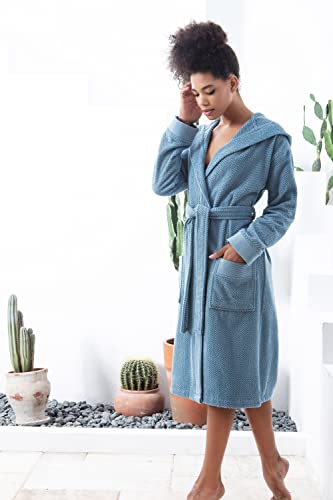 Seyante Turkish Cotton Terry Men's & Women's Bathrobe - Hooded, Kimono Cotton Terry Cloth Robe - Long Textured, Rice Weave Trim (Large, Blue/Hooded) #TOP2