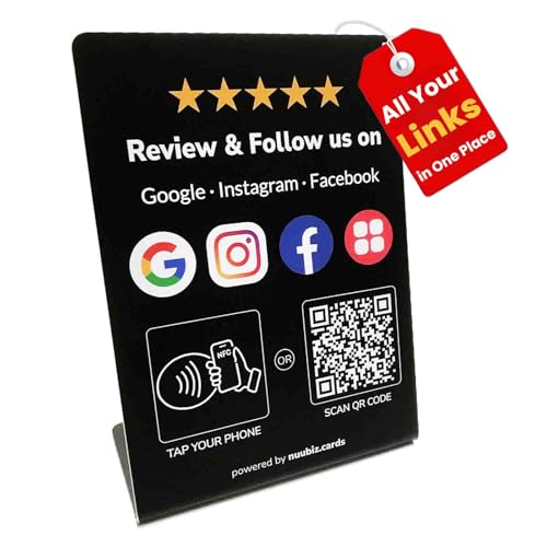Review Stand for Google with Social Media Sign – Multi-Link Review & Follow us on Instagram, Facebook & More, Reusable NFC Tap or QR Scan – No App, No Fees – Easy Setup, Works with All Smartphones