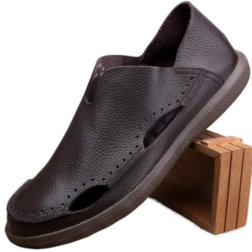 Men's Hollow Leather Shoes Breathable Casual Leather Sandals Non-Slip Soft Bottom Sneakers(White-Patch Five-Pointed star4,44 Code)