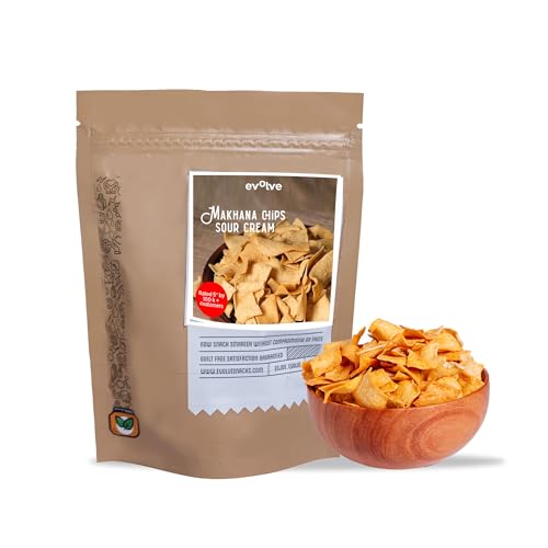 Image of Evolve Makhana Chips Healthy Snacks for Kids, Adults, Gluten Free, Low-Calorie, Weight Loss-Friendly, No Palm Oil, Vacuum Fried, Sour Cream & Onion Flavor - 100g Pack of 4