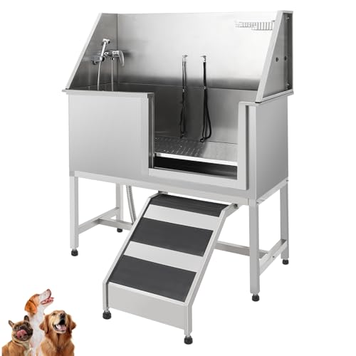 JoyJoy Stainless Steel Dog Washing Station - Dog Bath Tub for Large, Medium, Small Dogs, Pet Grooming Tub with Ramp, Non-Slip Grate, Shower, Soap Box, Faucet, Drain for Home & Outdoor（38"）