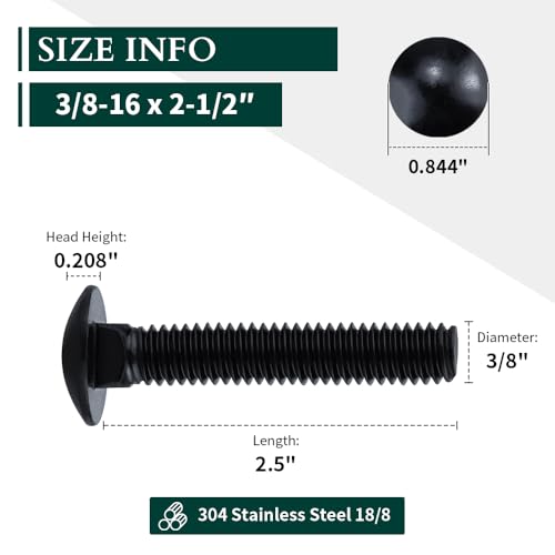 Image of 3 /8-16 x 2-1 /2 inch Black Steel Carriage Bolts, 304 Stainless Steel 18-8, Round Domed Head Square Neck Carriage Bolts Screws, Coarse Thread UNC, 10 PCS