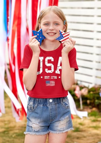 Image of BesserBay Kids Girls 4th of July Crop Tops American Flag Red White Blue Patriotic Bows USA Flag T-Shirts 6-14 Years