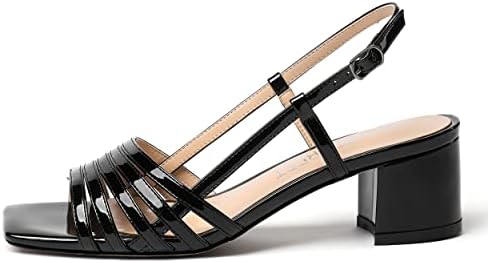 SHOWFOREST Women's Black Chunky Patent Gladiator Square Open Toe Low Heel Slingback 2 Inch Sandals Size 10 - Tacones Altos Sexys | Image 1
