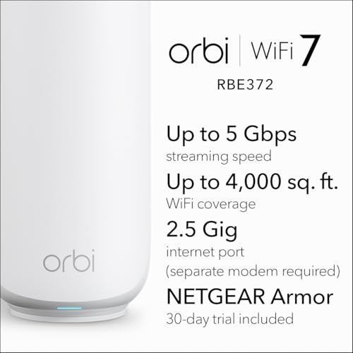 Image of NETGEAR Orbi 370 Series Dual-Band WiFi 7 Mesh System for Home (RBE372) - Wireless Router (no Modem) + 1 Extender, Security Features, Covers 4,000 sq.ft., 70 Devices, Universally Compatible with ISPs