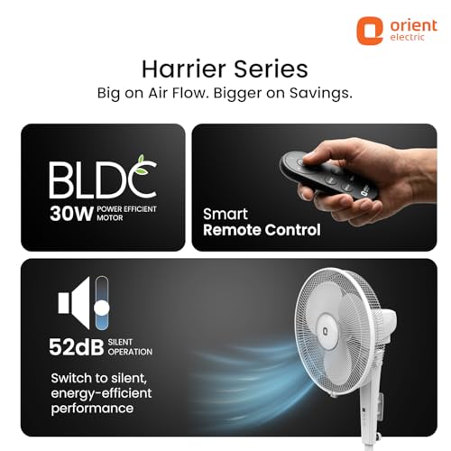 Image of Orient Electric Harrier BLDC Stand Fan with Remote | Energy Saving Fan, Whisper Quiet 52 dB Operation | 90 Oscillation, Tilt & Height Adjustment | 2 Year Warranty, White
