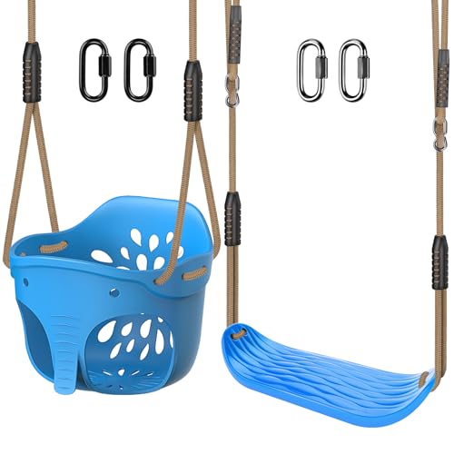 Image of SELEWARE Blue Toddler Swing Set - Heavy-Duty High Back Full Bucket Toddler Swing Seat & Kids Tree Swing with Adjustable Ropes, Backyard Playground Swing Set Accessories for Kids, Indoor /Outdoor Use