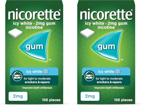 Image of Nicorette Icy White 2mg Gum (105 Pieces), Fast-Acting Nicotine Gum to help curb cravings and Whiten Teeth, Discreet Stop Smoking Aid for Quitting Cigarettes, Chewing Gum (Pack of 2)