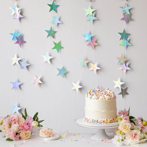 Image of Iridescent Shining Star Hanging Garland Iridescent Hanging Sparkling Star Streamer Glitter Bunting Banner Twinkle Backdrop for Wedding Baby Shower Birthday Christmas Decorations 40 Feet