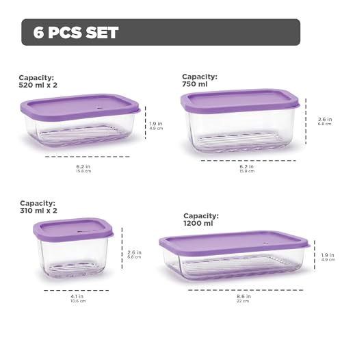 Image of Treo By Milton Nutri Borosilicate Glass Containers for Fridge Storage Set of 6 (2 x 310ml, 2 x 520ml, 1 x 750ml, 1 x 1200ml) Stackable Glass Container with Lid, Microwave & Dishwasher Safe, Purple