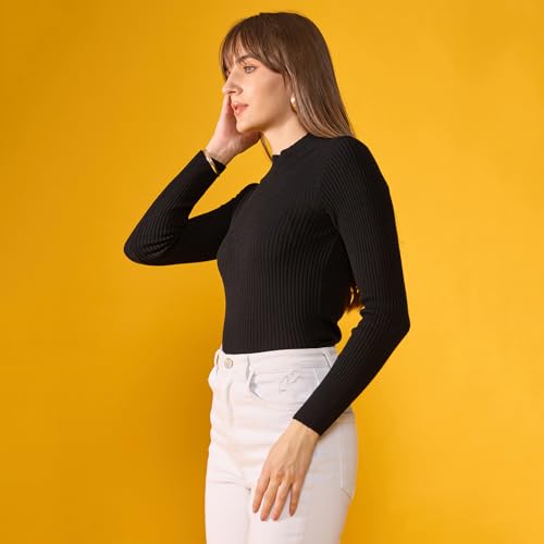 Image of 98 Degree Women Pure Cotton High Neck Sweater Has A Full Sleeve & Straight Hem-AW25AZG1156-BLACK