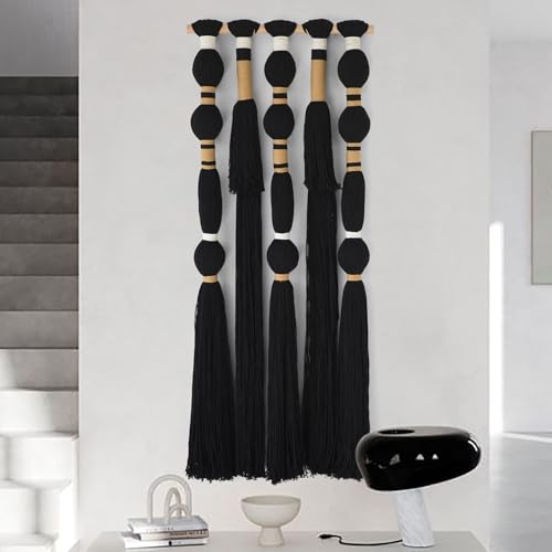 Macrame Wall Hanging Black Sphericity Cotton Tassels Textile Hanging Geometric Yarn Wall Art for Bedroom Living Room Decor 15.7" W x 39" L