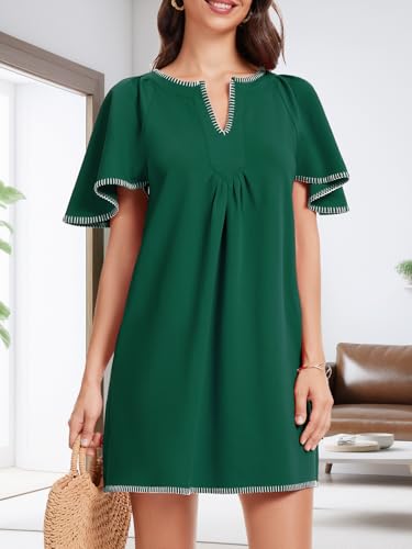 Image of KEOMUD Women's Summer Short Sleeve Mini Dress Casual V Neck Contrast Trim Flowy Shift Dresses with Pockets