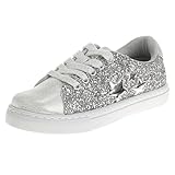 KENSIE GIRL Sneakers Lace Up Non Slip - Fashion Casual Canva Low Top Shoes - Silver Glitter Stars (Size 13 Little Kid)