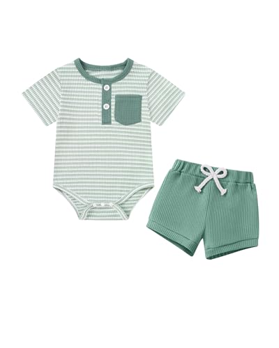 Image of Coco&RARA Baby Boy Clothes Striped Short Sleeve Romper With Pocket Buttons Shorts Set Newborn 3 6 12 Months Baby Boy Outfits