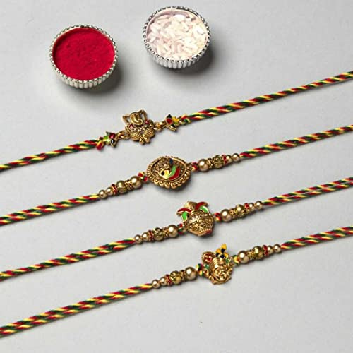 Image of eCraftIndia Set of 4 Lord Ganesha Peacock Krishna & Kalash Designer Rakhis for Brother Bhaiya Bhai | Roli Chawal Pack