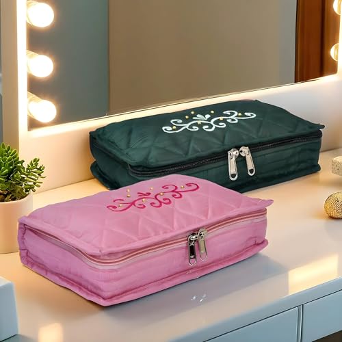 Image of Kuber Industries Embroidery Design Satin Jewellery Pouch Cum Makeup Box, Pack of 2 (Green & Pink)
