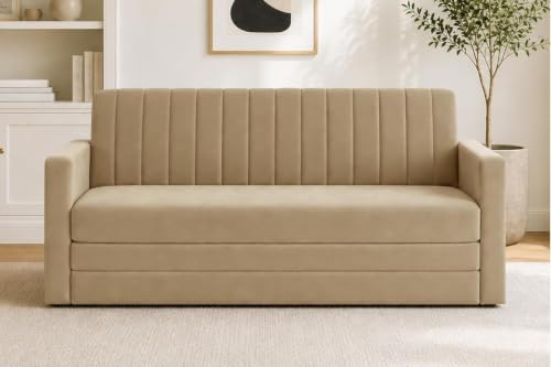 Image of Modern Three Seater Sofa Cum Bed with Armrest, Velvet Fabric Sofa for Living Room, Space Saving Foldable Sleeper Sofa, (Golden Color)
