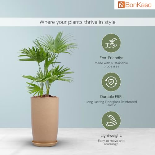 Image of BonKaso 14 inch Beige Flower Pot - Tall, Durable & Lightweight Polymer Tower Planter for Indoor & Outdoor Use: Home, Office, Garden & Balcony (Gamla /Gamale)