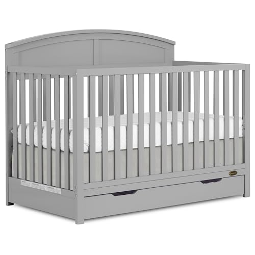 Dream On Me Storybrooke 5 in 1 Convertible Crib with Under Drawer in Pebble Grey, JPMA & Greenguard Gold Certified, Made of Sustainable Pinewood, Non-Toxic Water-Based Paint Finish
