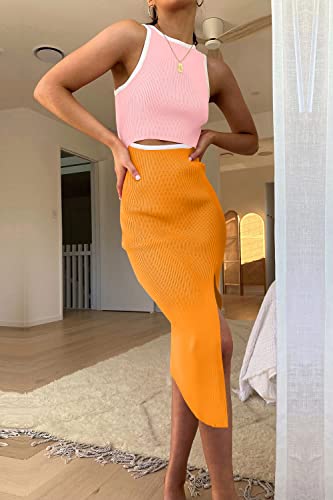 Image of PRETTYGARDEN Women's Summer Midi Bodycon Dresses Casual Crew Neck Side Slit Sleeveless Knit Cut Out Tank Top Dress