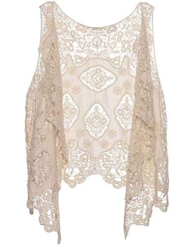Flygo Women's Open Front Cotton Crochet Lace Boho Hippie Butterfly Vest Cardigan Coverup Sleeveless Irregular Hem