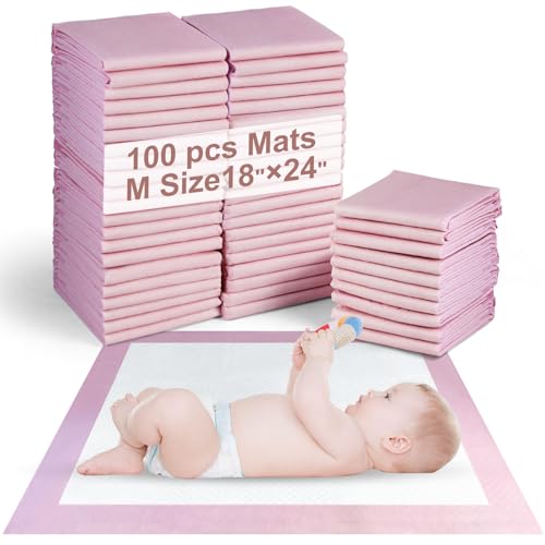 SKY-TOUCH 100 Pieces Baby Disposable Changing Mats Waterproof Baby Changing Pads 45x60 cm Highly Absorbent Leakproof Changing Pad Baby Ultra soft Diaper Changing Mat Underpads for Baby Pink