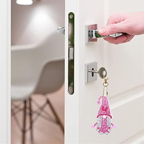 Mwoot 5 Pieces Double Sided 5D Diamond Art Painting Keychain Kit, DIY Dwarf Round Drill Crystal Cute Gnome Keyring, Rhinestone Painting Key Chains Pendant for Women Mobile Backpack Handbag Decor(Pink)