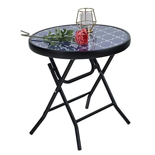 Sophia & William Patio Folding Side Table Round Printed End Table Small Portable Bistro Coffee Table With Tempered Glass Top And Metal Frame For Outdoor And Indoor Use, 18 Inches, Blue With Pattern #TOP13