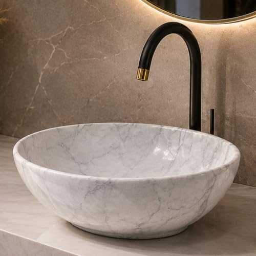 Image of Ceramic Tabletop Wash Basin - Glossy Bowl Shape Countertop Vessel Sink with Marble Finish for Bathroom & Vanity | Compact 16 x 13 x 5 Inch | Elegant Washbasin