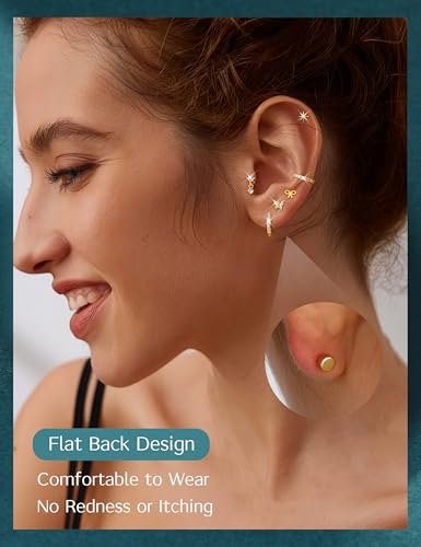 LOLIAS 14K Gold Plated Flat Back Earrings - Hypoallergenic Surgical Stainless Steel Stud Hoop Earrings for Women Girls Cute Stud Earring Set Small Huggie Hoops Cartilage Earring Stacks2