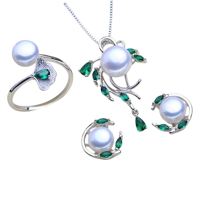Conjuntos de joyas de perlas esmeralda y plata esterlina 925 para mujer
