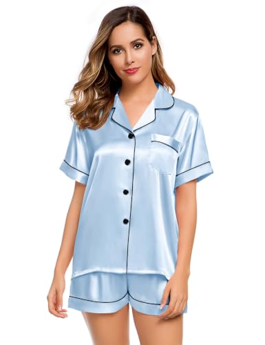 Image of LecGee Womens Silk Satin Pajamas Short Sleeve Loungewear Two-Piece Sleepwear Button-Down Pj Set