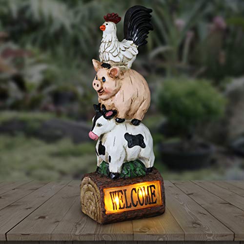 Exhart Solar Stacked Chicken, Pig & Cow Welcome Sign Garden Statue - Hand-Painted Farm Animals Resin Statue w/Solar LED Accent Lights â€“ Solar Welcome Sign Farm Animals Garden Decor, 5 x 15 Inches