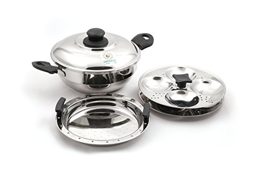 Coconut Stainless Steel Idly Steamer with Thick Sandwich Bottom Base