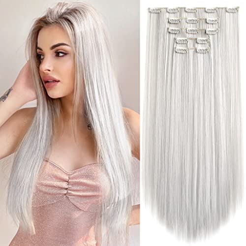 StrRid White Clip in Extension Straight 22" Long Synthetic Thick Clips on Hair Piece for Women 5PCS Black Curly Wavy 18" Cheap Brown Blonde Red Soft Natural Full Head Weddings Party Daily Use 5 Oz