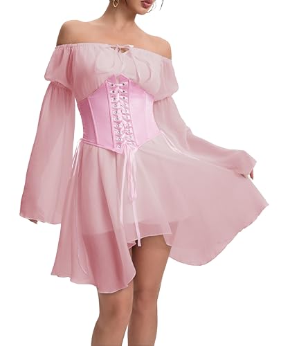 ETATNG Womens Two Piece Corset Dress Off Shoulder Bell Sleeve Summer Party Lace Up Bustier Dress2