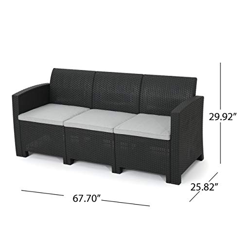 Christopher Knight Home St. Lucia Outdoor 3-Seater Faux Wicker Rattan Style Sofa With Water Resistant Cushions, Charcoal / Light Grey #TOP7