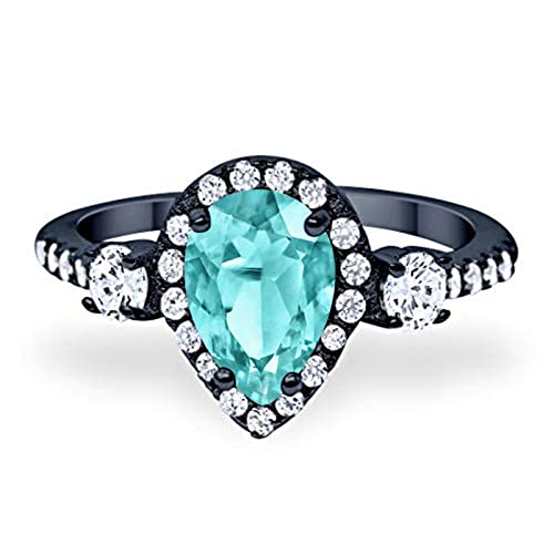 Blue Apple Co. Black Tone, Simulated Paraiba Tourmaline CZ Size-6 Teardrop Fashion Bridal Ring Pear Round CZ 925 Sterling Silver