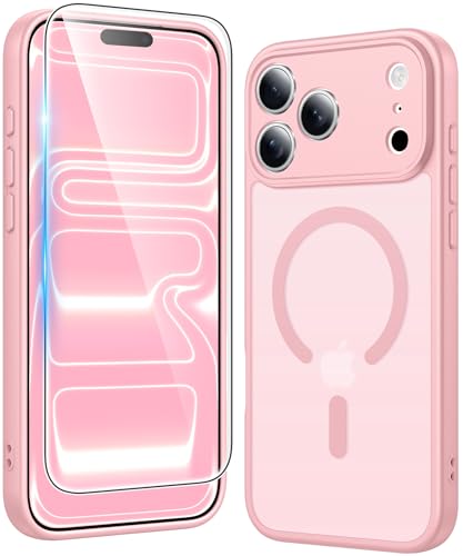 Image of FNTCASE for iPhone 17 Pro-Max Case: Matte Magnetic Phone Cases with Screen Protector Compatible with Magsafe Slim Anti Yellowing Rugged Shockproof Protective Translucent Cell Phone Cover (C-Pink)