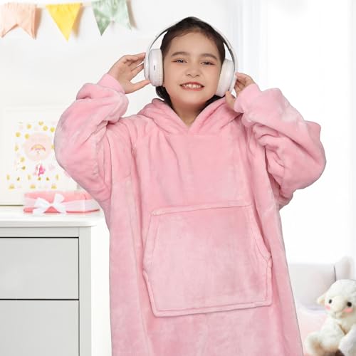 Image of Waitu Wearable Blanket for Kids, Wearable Blanket Hoodie Gifts for Teens Girls and Boys, Warm Blanket Sweatshirt for Teenage, Hoodie Blanket with Sleeves - Bright Pink
