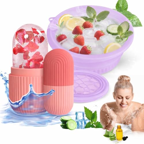 Image of Silicone Collapsible Face Ice Bowl with ice Roller Massager Combo for Cold Plunge Therapy, Pore Tightening & Acne Relief Reusable Portable Spa Tool for Home & Travel Pack 2 (Purple Bowl + Ice Roller)