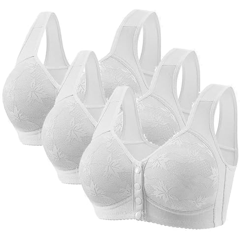 3 Pack Daisy Bras for Older Women No Underwire Front Closure Snap Bras Comfort Push Up Full Coverage Bra for Seniors