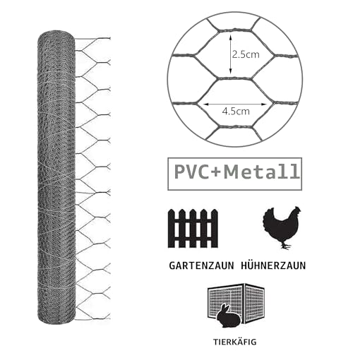 VOUNOT® Maschendrahtzaun Sechseckgeflecht, Drahtzaun Hasendraht Kaninchendraht Hühnerdraht, Maschenweite 25 mm, Höhe 100 cm, Länge 25 m, PVC-Beschichtet Grau